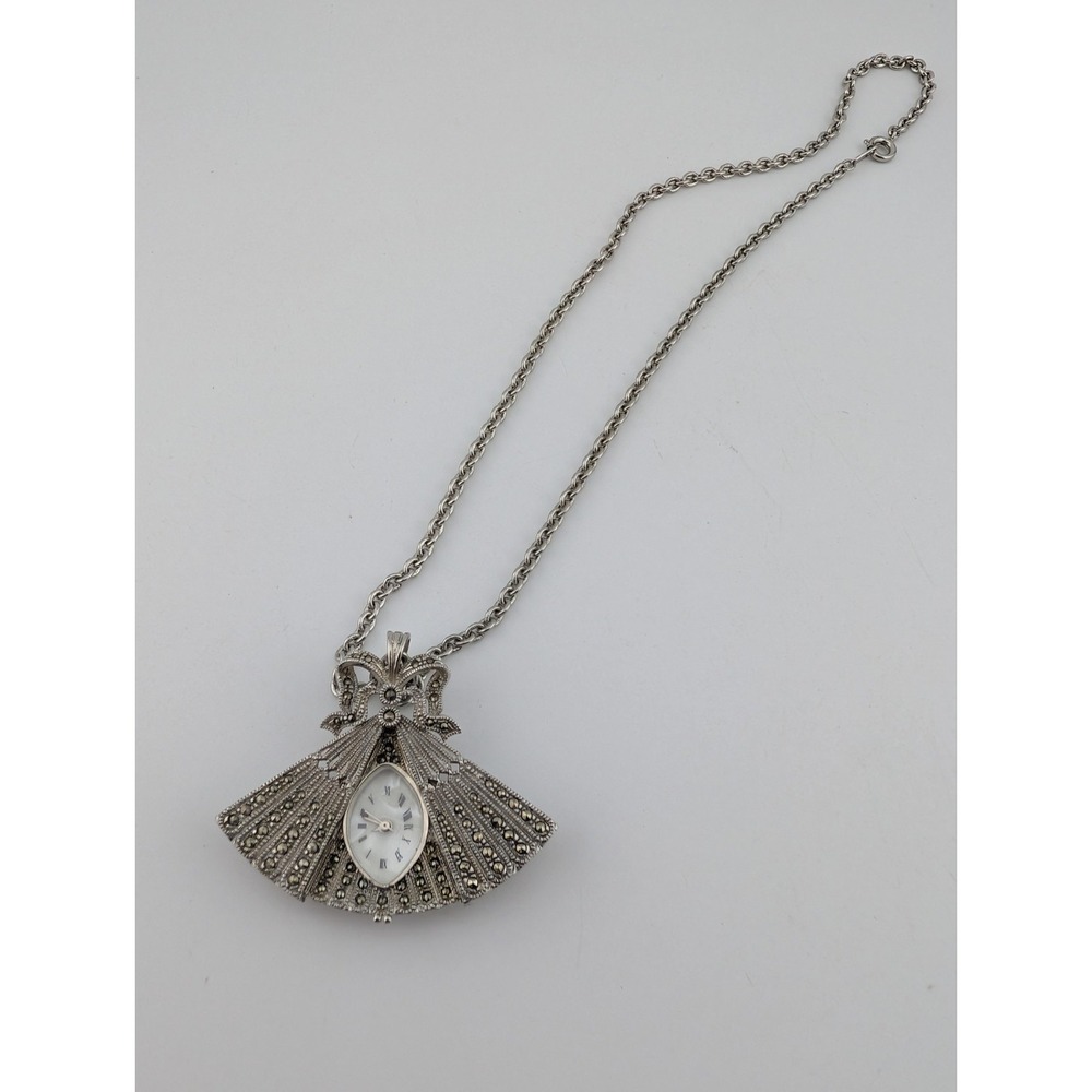 Vintage Art Deco Marcasite Watch Pendant MOP Dial Silver Tone Case- New Battery - Picture 2 of 5